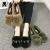 Casual Shoes Rhinestone Real Fur Fashion Mules Women Winter Plush Flats Bottom Creepers Mujer Crystal Furry Warm Loafers