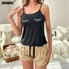 Thuiskleding Zwarte gouden wimpers Gedrukte Zomer Spaghetti -band Pyjama's Set voor dames tanktop shorts vrouwelijke sexy lingerie mouwloze pijama's