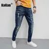 Jeans masculinos Kakan Europa e America's Patch Denim Round Hole Meggar Slim Fit Pé pequeno K7-686