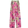 Women's Pants Pink Rose Print Wide-legged Summer Fashion Ice Silk Thin Section Of The Large Yards With Straight Casual