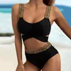 Sexy Bikini Set For Women Metal Spaghetti Strap Push Up Swimwear Women Beachwear Hollow Out Bandage Knot High Waist Bathing Suit 240327