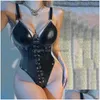 Women'S Shapers Womens Leather Lace Mesh Stitching Sexy Underwear Jumpsuit Femme Pajamas Porn Cosplay Costume Product Drop Delivery A Dhczl