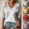Blouzen voor dames shirts zomer blouse dames kleding dames zomer t-shirt solide kleur v-hals kanten stiksel halve slve uit jurk-up soft plus si t240412