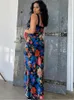 Julissa Mo Elegant V-ringning Slip Floral Print Satin Maxi Dress for Women Summer Backless Lace Bodycon Beach Party Vestidos 240328