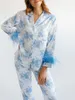 Home Clothing Women S Feather Trime Satin Satin Pajama Zestaw Flower Print Furry Long Rleeve Button-Down Tops With Spods
