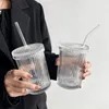 Wine Glasses Simple Stripe Glass Cup With Lid And Straw Transparent Breakfast Bubble Tea Cups Milk Juice Coffee F0Y5