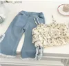 Kleidungssets Sommer 2023 New Kids Girl Sweet Fashion Flower Slling Tops + Spitzenperlen Jeans Jeans Denim Cropped Hosen Zweiteilige Kleidung Sets Y240412