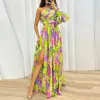 Casual Dresses Luxury Floral Print Diagonal Collar Hem Sexig Women High Split Loose Maxi Dress Elegant Pleat One Shoulder Party