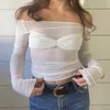 Sexy See Through Mesh Women T-shirt White Off Shoulder Long Sleeve Ruched T-shirt Female Spring Skinny Casual Streetwear 240411