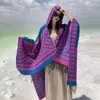 Bohemian Vintage Chic Travel Poncho Capes Hooded Blue Women Autumn Warm Knitted Ethnic Style Boho Tassels Warp Capes Cloak Tops