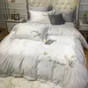 Bedding Sets Luxury White Silk Cotton Butterfly Embroidery Set Jacquard Duvet Cover Bed Fitted Sheet Pillowcases Home Textiles