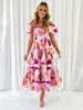 Party Dresses Ladies Printed Bubble Sleeve Boat Neck High Waist A-line Dress Street Sweet And Fresh Summer