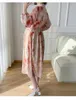 Moderskapsklänningar japansk stil gravida kvinnor vår blommig klänning lång lykta ärm mode tryck moderskap chiffong klänning eleganta kläder 240412