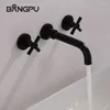 Bathroom Sink Faucets BANGPU Wall Mounted Faucet Black Basin 3 Holes Rotary Spout Tap