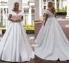 V Neck Off Shoulder A Line Wedding Dresses Simple White Satin Elegant Bridal Gowns Boho Garden Plus Size Vestidos De Novia Sweep Train Lace-up Back Bride Robes