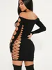 Casual jurken Sexy Lace Hollow Out Diamond bodycon mini -jurk vrouwen van de schouder lange mouw schede nachtclub feestvestidos cortos cortos