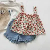 Kläder sätter flickor kläder set sommar barns casual klädflicka fragment hängande färdigheter+shorts barnflicka kläder y240412