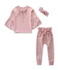 Babymeisjeskleding set flare mouw tops broek hoofdband 3 stcs sets roze peuter meisje outfits ontwerper babykleding DW46821349590