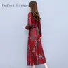 Casual Dresses Women 2024 Chiffon Vintage Floral Dress Belt Long Sleeve Red Elegant Beach Robe Chic Tunics Prom For