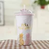 Tazze rosa ananas caffè bpa in plastica gratis bottiglia da viaggio tazza per tè per tè per succo di latte con bevande paglia da 420 ml ZM825