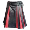 Mens Real Black & Red Leather Knee Length Gladiator Kilt with Flat Front Panels Scottish Kilts Utility LARP