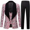 남자 양복 블레이저 2023 New Mens 캐주얼 부티크 플라워 정장 재킷 조끼 바지 3 PCS 세트 / 남성 Jacquard Big Black Collar Blazers 코트 바지