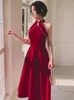 Casual Dresses Wine Red Dress Women's Clothing Solid Color Beaded Standing Collar Medium Length A-line Skirt Temperament Evening M296