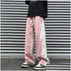 Mens Jeans Pink American High Street European And Pants Design Sense Splicing Loose Wide Leg For Men Drop Delivery Apparel Clothing Dhknv