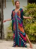 Grundläggande casual klänningar 2023 mångfärgad kaftan bohemisk tryckt V-ringning batwing slve maxi klänning för kvinnor sommarstrandkläder klänningar robe Q1342 T240412