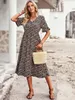 Summer Women V Neck Elegant Printed Short Sleeve High midja A Line Floral Holiday Dress 240412