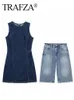 Trafza Summer Women Fashion Denim 2 Pig Piece Suit Slit Slit Splicing Dress Basic Commute Female knie lengte brede been broek 240412