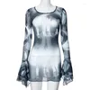 Casual Dresses Women Mesh Print Long Flare Sleeve Mini Dress Spring Summer Female O-neck Pullover Clothes Lady Elegant High Street Party