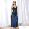 Dames slaapkleding dames y faux zijden satijn lange nachtjurk mouwloze v-neck boog nachthemd strappy nachtdress kant nachtwear drop deli dhsus