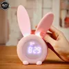 Mini Cartoon LED Digital Alarm Clock Electronic LED Display Sound Control Cute Rabbit Night Lamp Desk Rechargeable Clock 240403