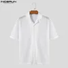 Koszule męskie Indepern Men Shirt solidne koronkowe puste wydobycie przezroczysty lapel z krótkim rękawem Camisas Streetwear Sexy 2024 Summer Fashion