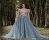 2023 Paolo Sebastian Grey Evening Dresses Sheer Plunging Neckline Lace 3D Applique Beaded Party Prom Gowns Tulle Evening Wear For 6982116
