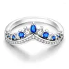 Wedding Rings 2024 Luxury Blue Zircon Crown Finger V-shaped Drop Ring Women Silver Color Jewelry Gift For Girlfriend Trend