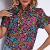 Weiche dehnbare Bluse Ethnischer Stil Blumendruck Damen Hemd Hemd mit Standkragen Rüsche Kurzarm Lose Pass für einen 240412
