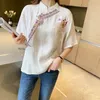 Masowe guziki haftowana koszula w stylu etnicznym krótki rękaw luźne bawełniane lniane retro top Tradycyjne chińskie ubranie dla kobiet 240412