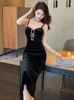 Casual jurken Fashion Ladies Black Velvet Vintage Long Evening Vrouwen Kleding Sexy riem slanke mager feestclub jurk Robe Vestidos