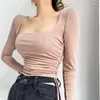 Women's T Shirts Fashion Square Cut Collar Stretch Long Sleeve T-shirt Top Drawstring