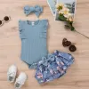 Shorts 3 6 9 12 18 Months Newborn Girls Clothes Sleeveless Ribbed Romper+ruffles Floral Print Shorts+headband Suit 3 Pcs Infant Outfits