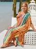 Podstawowe sukienki swobodne boho nadrukowane kaftan swobodny letni odzież 2024 Kobiety w rozmiarze w rozmiarze w rozmiarze V-decing Batwing Slve Beach Wear Maxi Sukienki szata Sarong Q1476 T240412