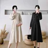 Maternity Dresses Autumn Maternity Dress Formal Long Sleeve Turn-down Collar V-neck Pregnant Woman Pleated Dress Elegant Pregnancy Dress with Belt 24412