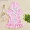 One-Pieces 1-8T Toddler Pink Beach Skirt Short Sleeved Hooded Zipper Closure Ice Print Summer Swimsuit Y240412