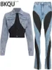 Frauen Jeans bkqu elastic dünne Bleistiftjeans Frauen Y2K High Taille Color Patchwork Split Fashion Denim Long Hosen Strtwear 2023 T240412