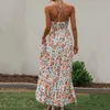 Abiti casual Donne vestiti Floral Stampa Halter Maxi per una prendisole per la spiaggia di vacanza con patchwork a pieghe di spalla