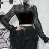 Kadın T-shirt Goth Seksi Dantel Mesh Alevlendi Uzun Slve Korse Mahsulü Y2K Harajuku Vintage Estetik Siyah T-Shirts Kadın Ts Strtwear 1 T240415