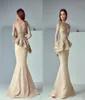 Champagne Mermaid Peplum Prom Dresses Jewel Neck Illusion Long Sleeves Lace Applique Zipper Back Party Evening Morther of Bride Go1978424