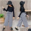 Clothing Sets Girl Clothes Set Children Flared Long Sleeve Solid Black T-Shirt Plaid Wide Leg Pants Suits 2Pcs Outfits Kids Drop Deliv Otnp3